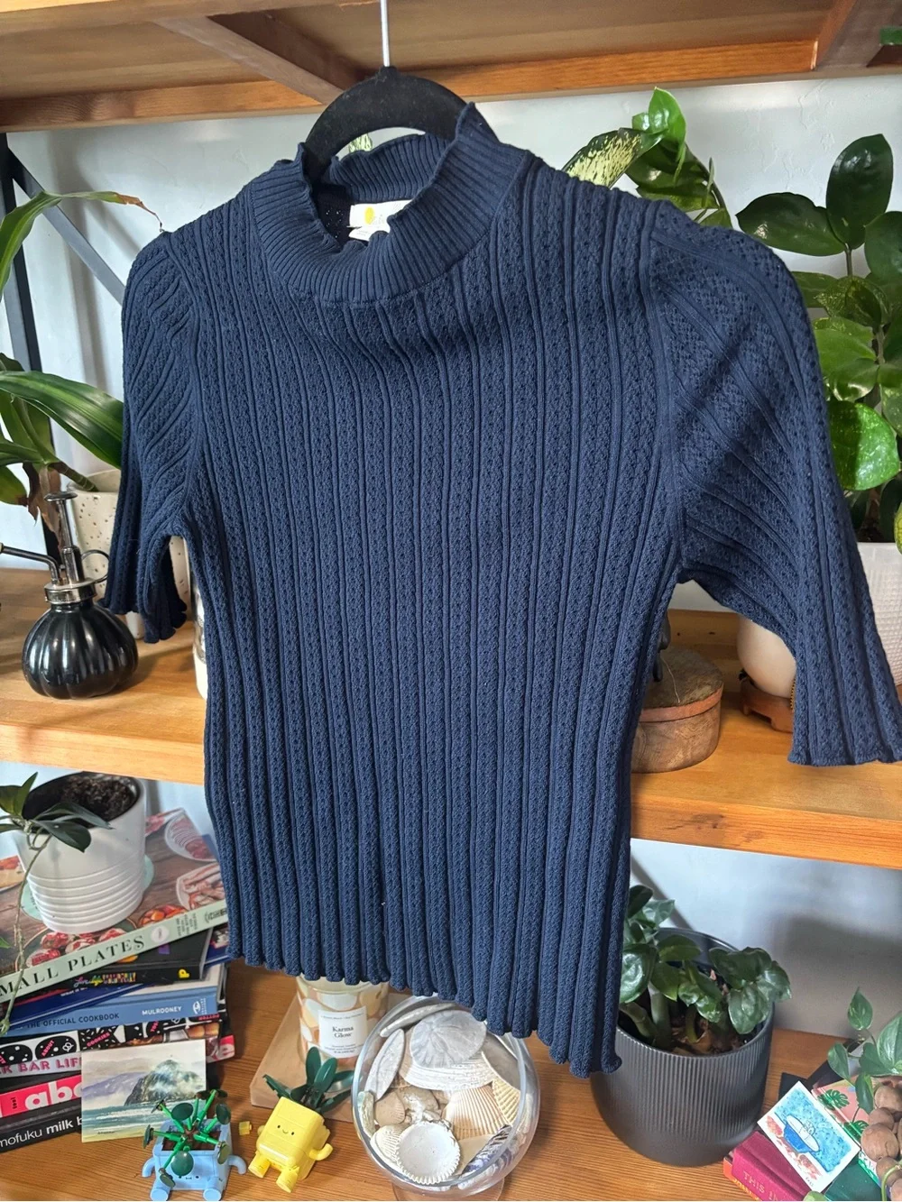 Boden Ribbed Pointelle High Neck Top | Small